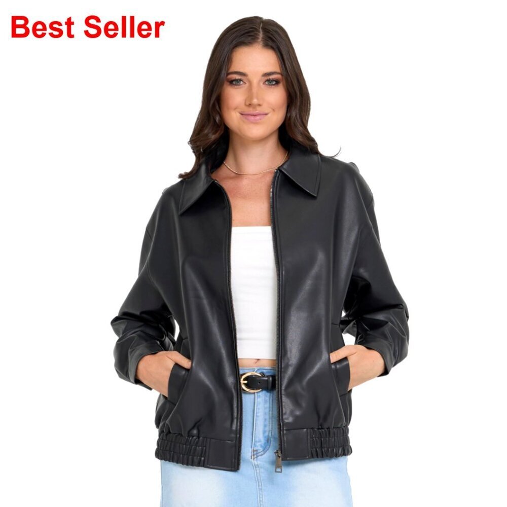 Faux Leather Oversized Bomber Jacket, Cropped Moto Style
